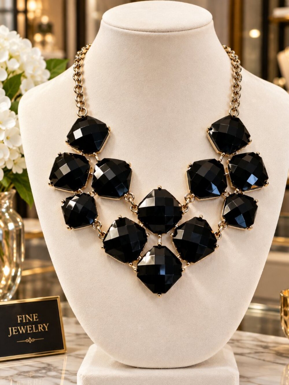 Elegant Black Faceted Geometric Stones Bib Statement Necklace Silver Accents - Picture 4 of 16